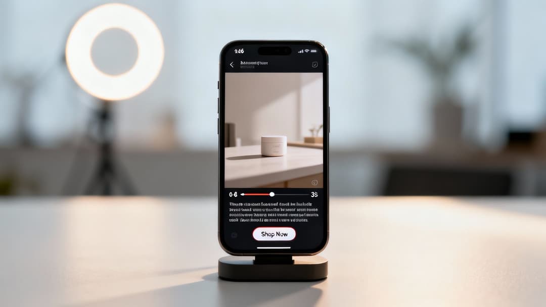 A smartphone on a stand displays a cosmetic product ad with a 'Shop Now' button, framed by a soft ring light.