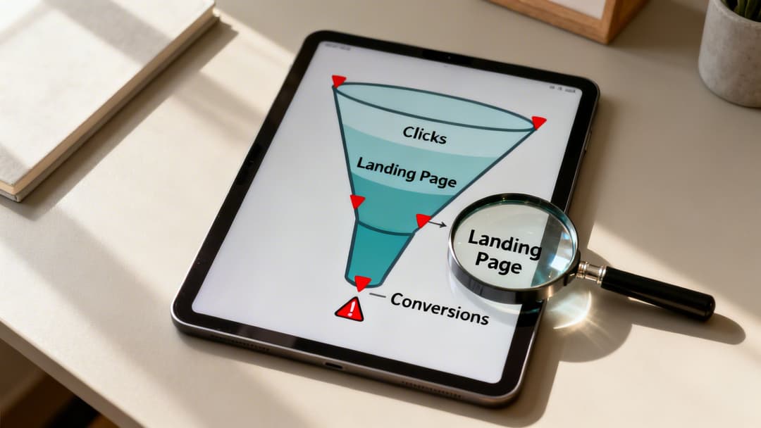 A tablet displays a digital marketing funnel diagram showing clicks, landing page, and conversions, with a magnifying glass emphasizing 'Landing Page'.