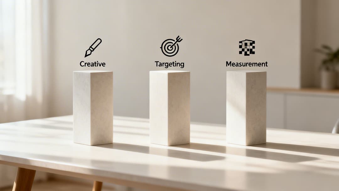 Three white pedestals on a table with icons and text: Creative, Targeting, and Measurement.