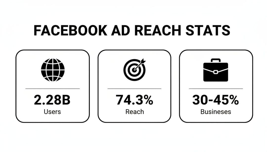 Infographic showing Facebook ad reach statistics: 2.28 billion users, 74.3% reach, and 30-45% businesses.