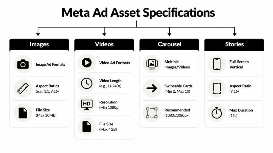 An infographic showing Meta Ad Asset Specifications for Images, Videos, Carousel, and Stories formats.