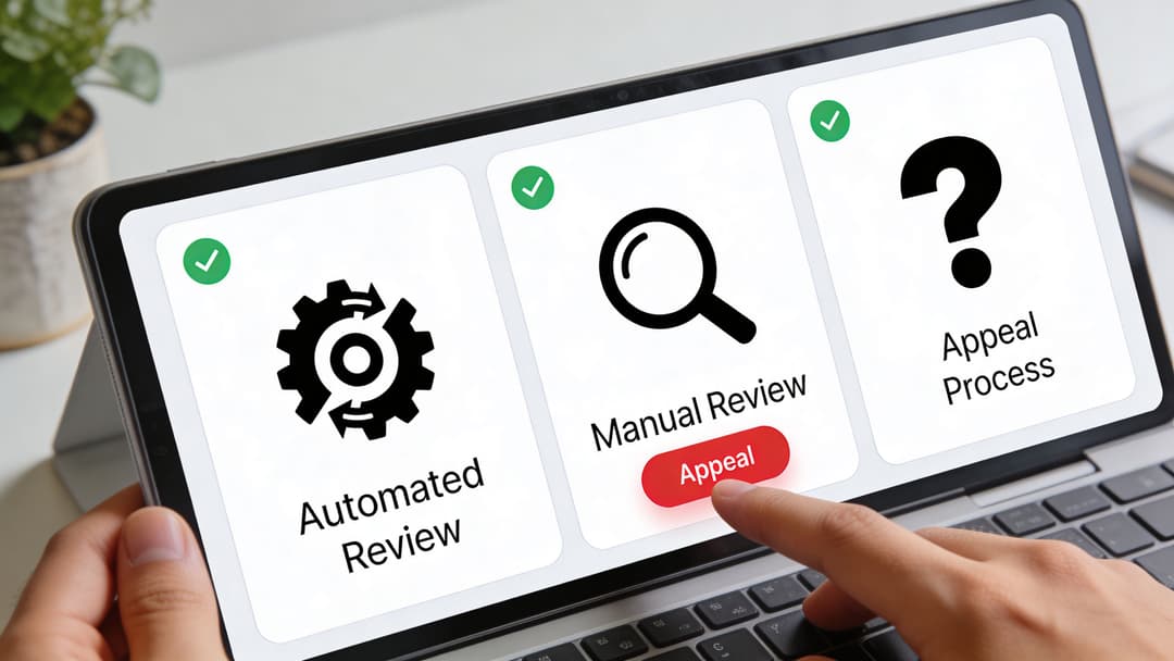 A person clicking an appeal button on a tablet screen showing automated and manual review options.
