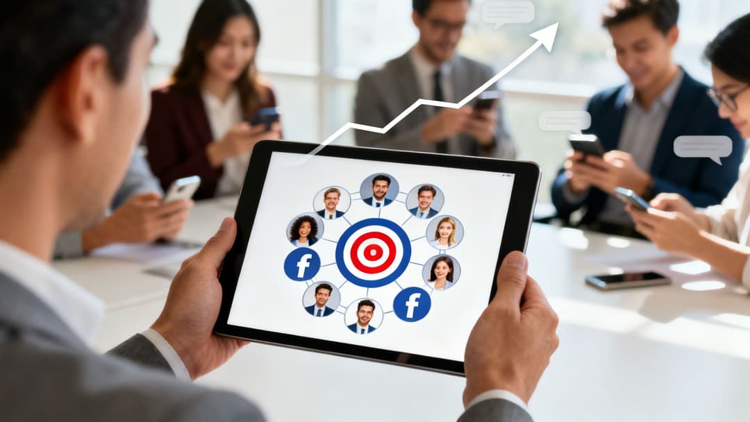 Man holds a tablet showing social media targeting with user profiles and Facebook logos, symbolizing growth.