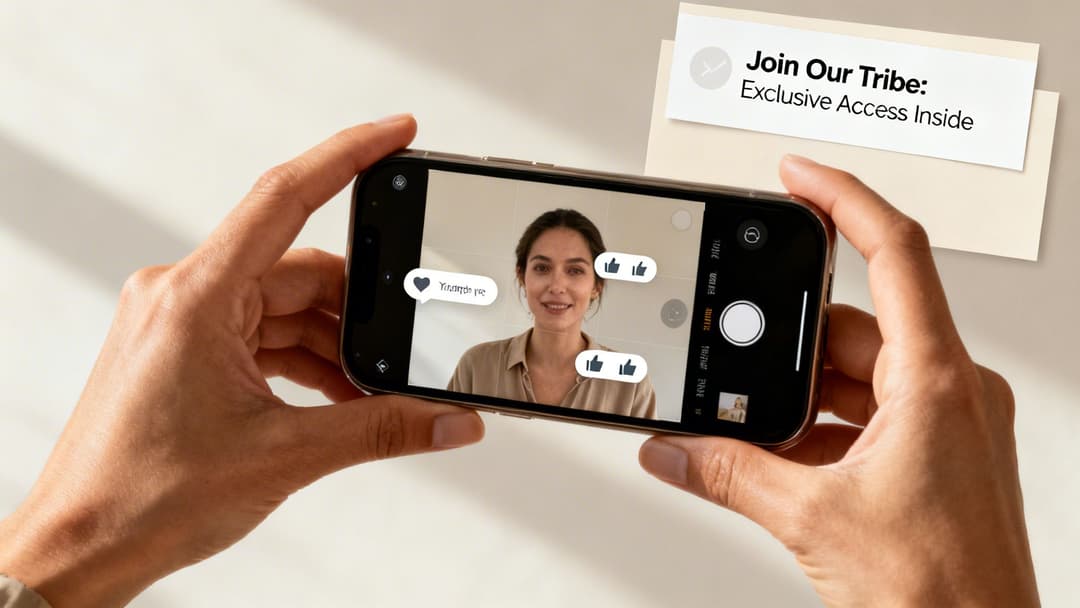 A person holds a smartphone, capturing a selfie of a smiling woman with social media reactions.