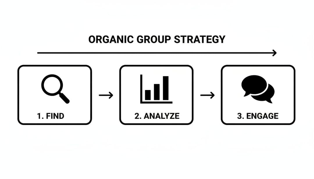 A three-step organic group strategy: 1. Find, 2. Analyze, 3. Engage, with icons.
