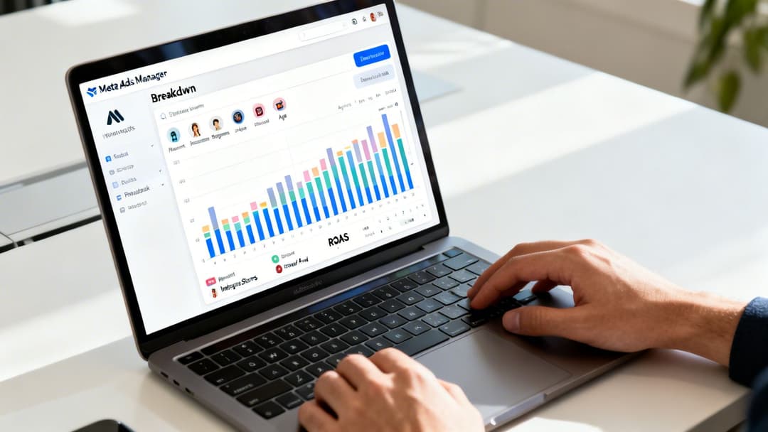 A person views a Meta Ads Manager breakdown report on a laptop, showing charts and data.