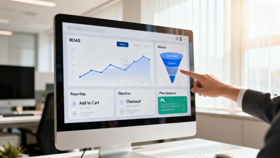 Man in suit pointing at a computer screen displaying a digital marketing dashboard with performance metrics.