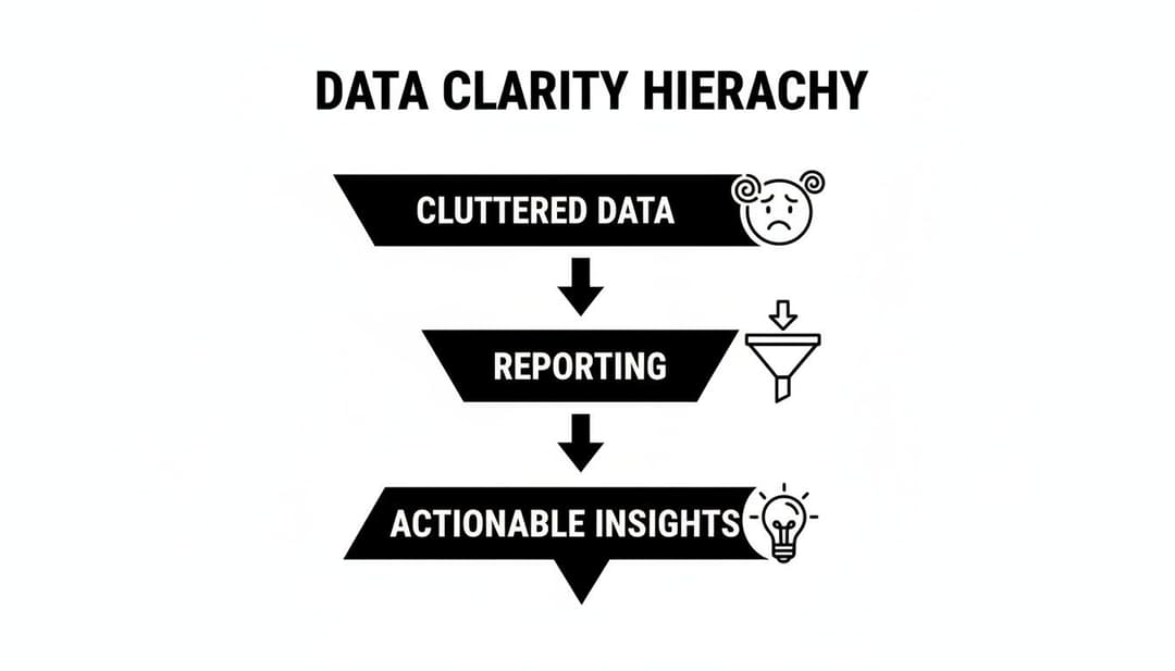 An infographic illustrating the data clarity hierarchy from cluttered data through reporting to actionable insights.