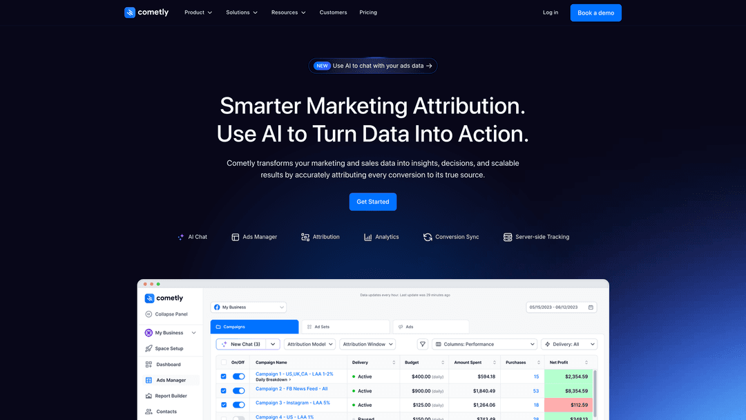 Screenshot of Cometly website homepage