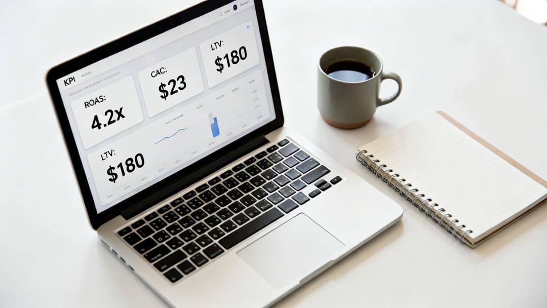 Laptop displaying a digital marketing dashboard with key performance indicators, alongside coffee and a notebook.