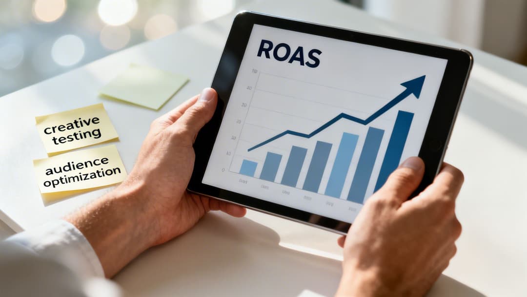 Hands holding a tablet displaying an increasing ROAS graph, with 'creative testing' and 'audience optimization' notes.