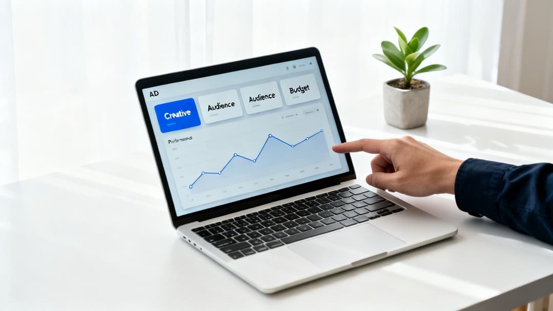 Hand pointing at laptop screen showing an AD dashboard with performance graph and creative options.