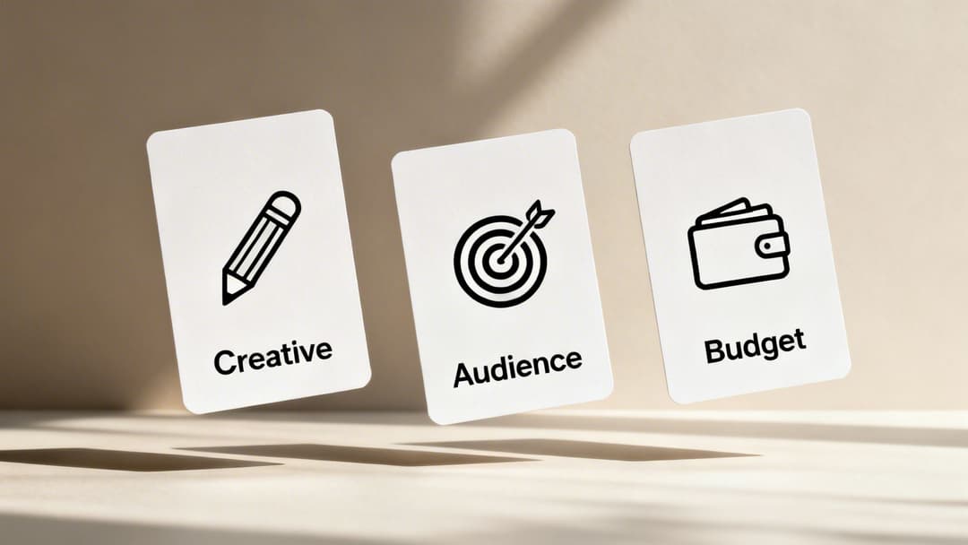 Three white cards floating with icons and text: Creative (pencil), Audience (target), and Budget (wallet).