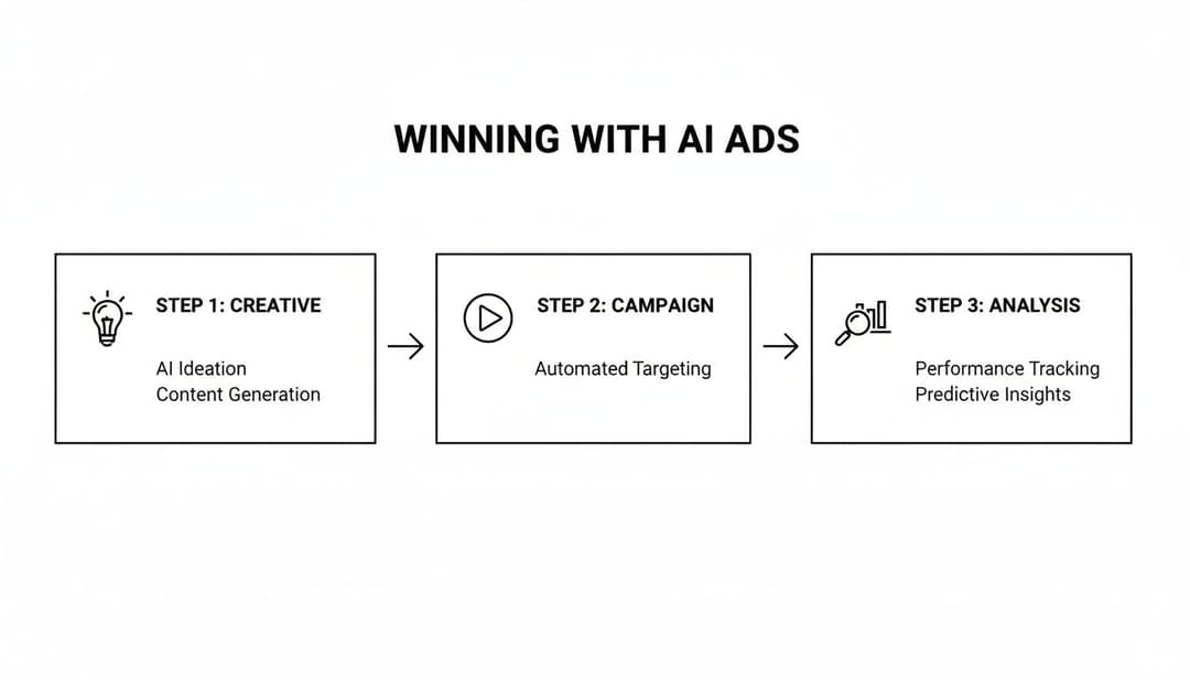 A diagram outlining three steps for winning with AI ads: Creative, Campaign, and Analysis.
