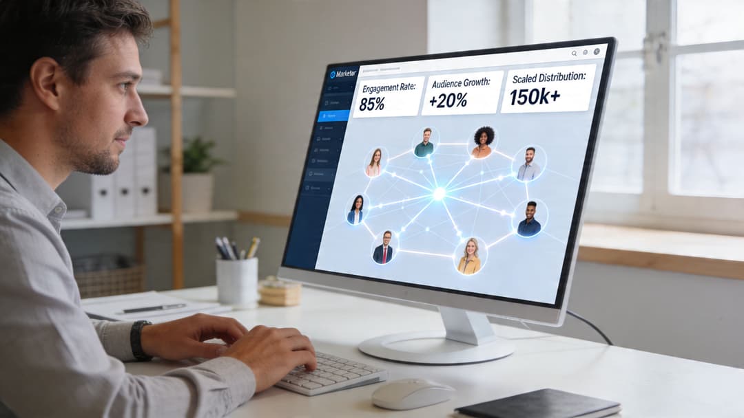 A professional man working on a desktop computer displaying a social media marketing dashboard with network analytics.