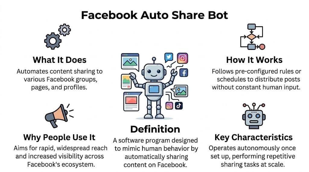 An infographic explaining a Facebook auto share bot, covering its definition, functionality, purpose, and key characteristics.