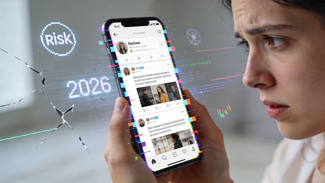 A concerned woman looks at a smartphone displaying a glitching social media feed with digital warning overlays.