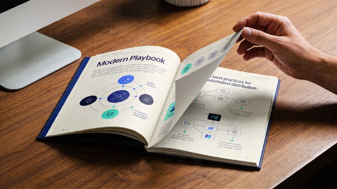 A hand flipping a page in an open modern playbook on a wooden desk with a computer monitor.