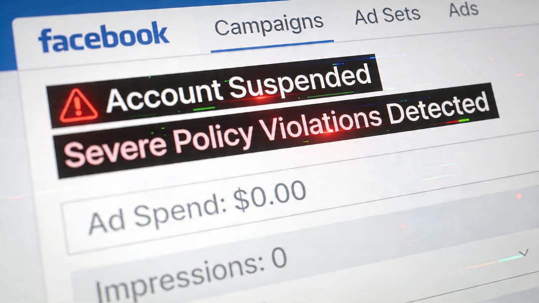 A screenshot of a Facebook Ads account interface showing an alert that the account is suspended.