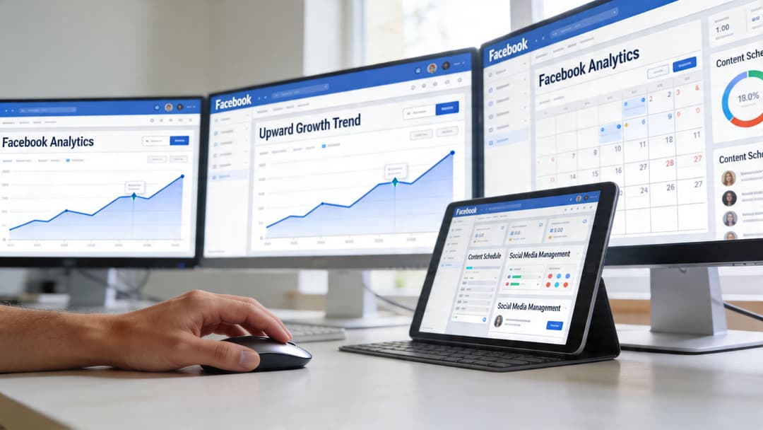 A professional workspace featuring multiple computer screens and a tablet displaying Facebook analytics and growth trend charts.