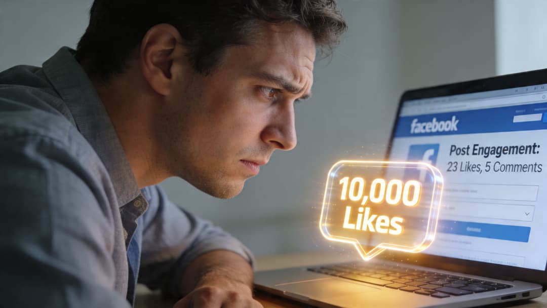 A focused man looking at a glowing holographic social media notification showing 10,000 likes on his laptop screen.