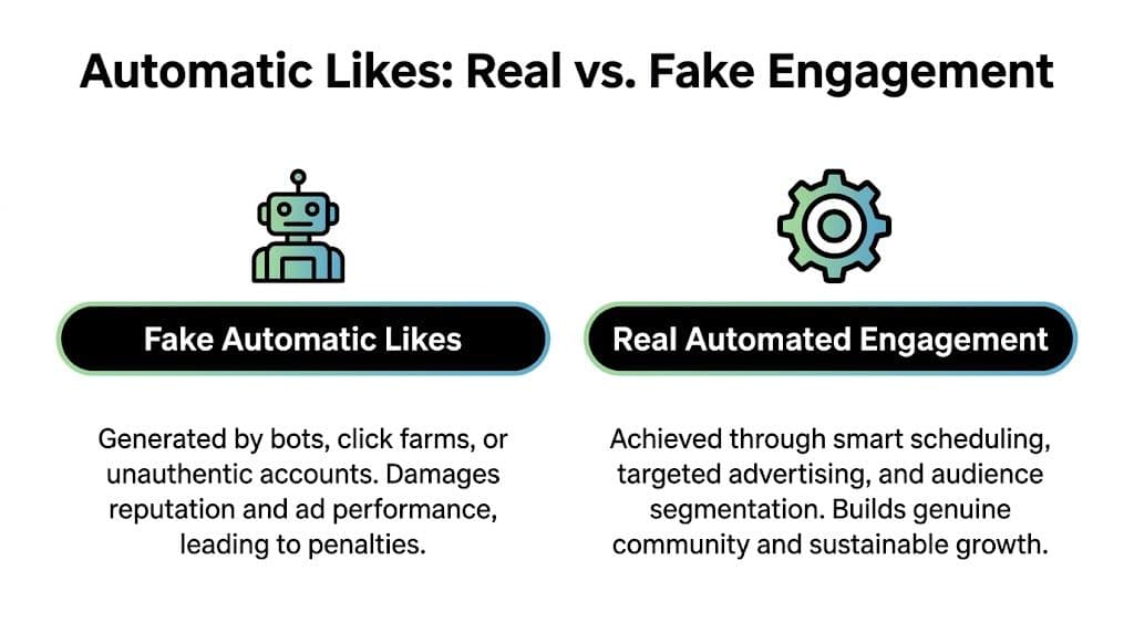 A comparison chart explaining the difference between fake automatic likes and real automated engagement strategies.