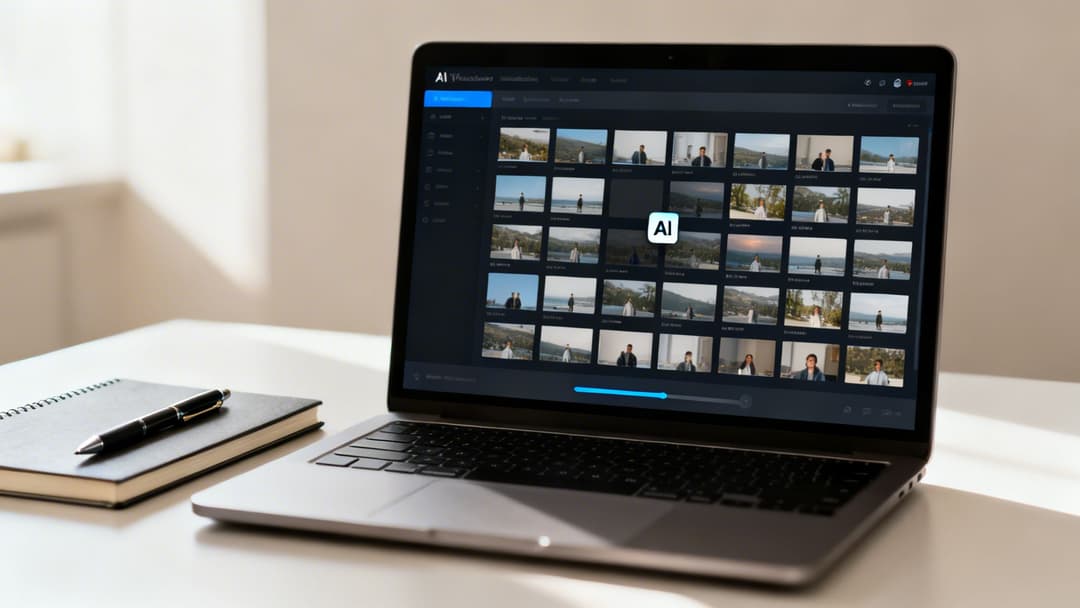 A laptop displays an AI-powered video editing software with multiple video thumbnails and a blue progress bar.