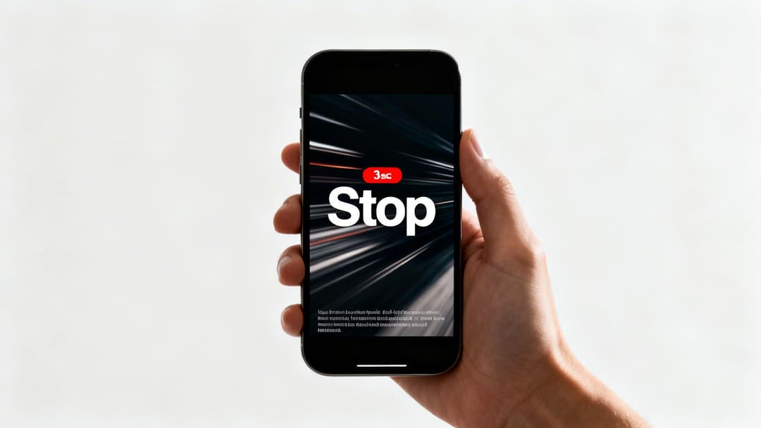 A hand holds a black smartphone displaying 'Stop' and '3sc' on a dark, motion-blurred background.
