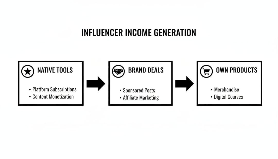 Flowchart illustrating influencer income generation through native tools, brand deals, and own products.