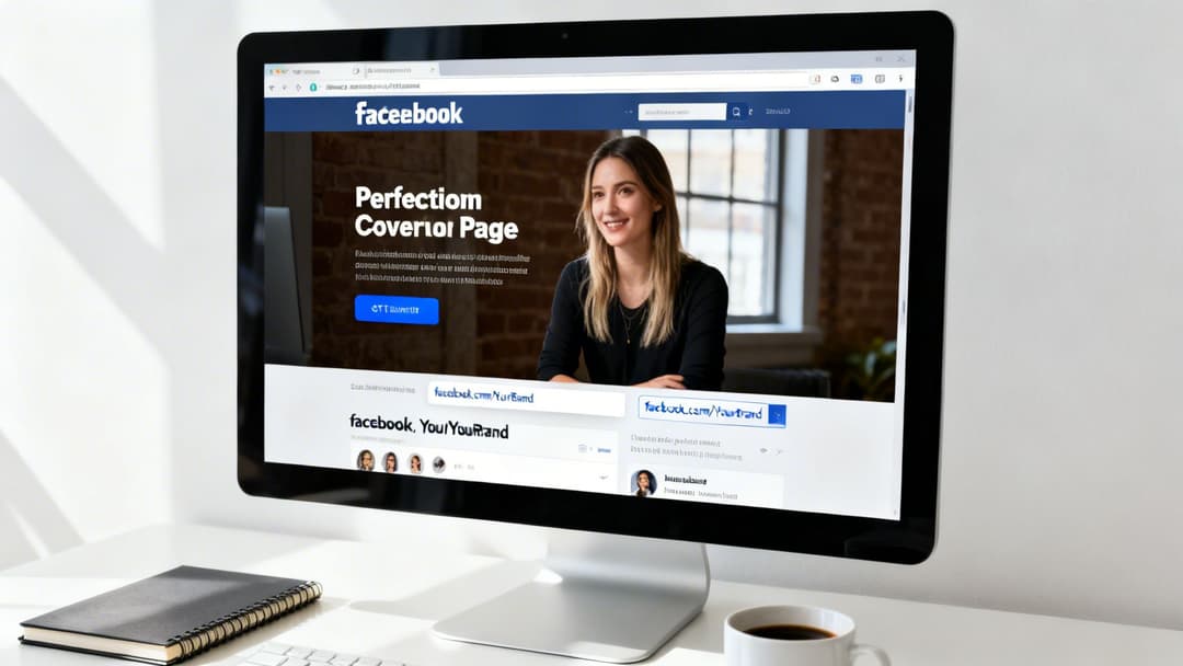 A computer monitor displays a social media page featuring a smiling woman, with a notebook and coffee cup on the desk.