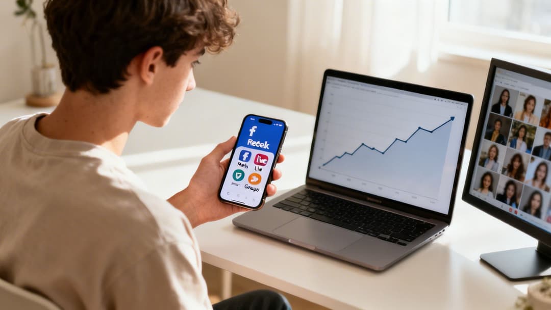 Person views Facebook app on a smartphone, with a growth chart on a laptop and video call on a monitor.