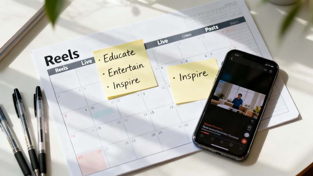 A social media content calendar with sticky notes listing 'Educate, Entertain, Inspire' and a phone displaying a video.