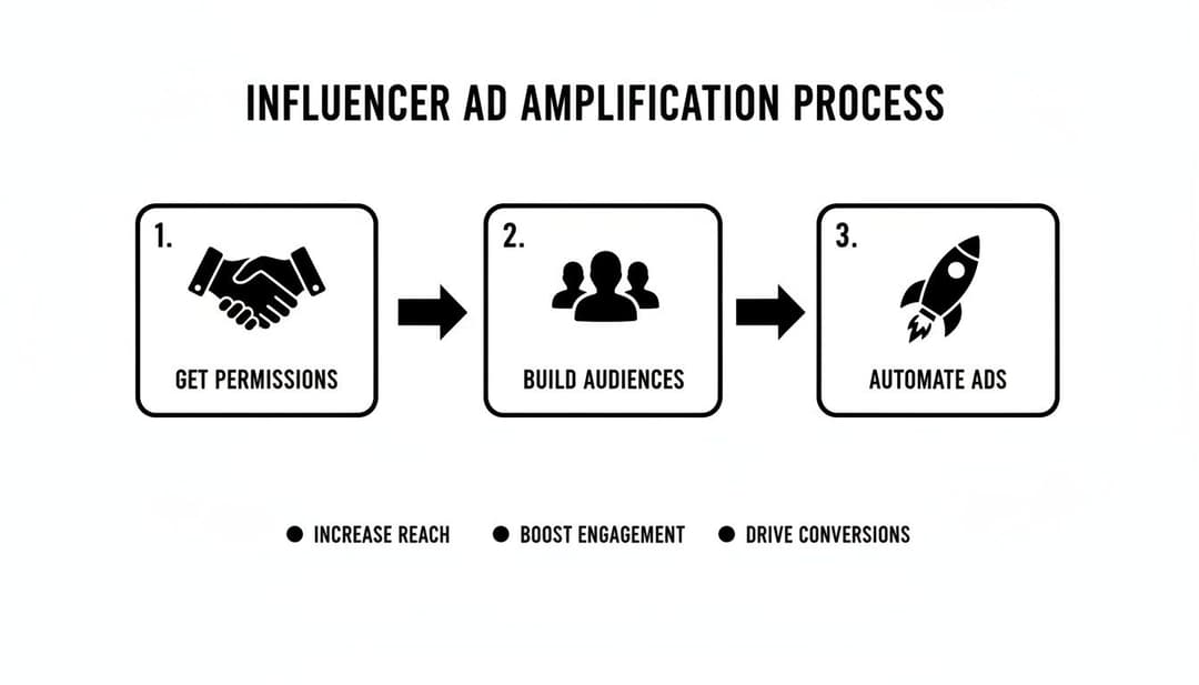 Diagram showing the Influencer Ad Amplification Process: Get Permissions, Build Audiences, Automate Ads, leading to increased reach, engagement, and conversions.