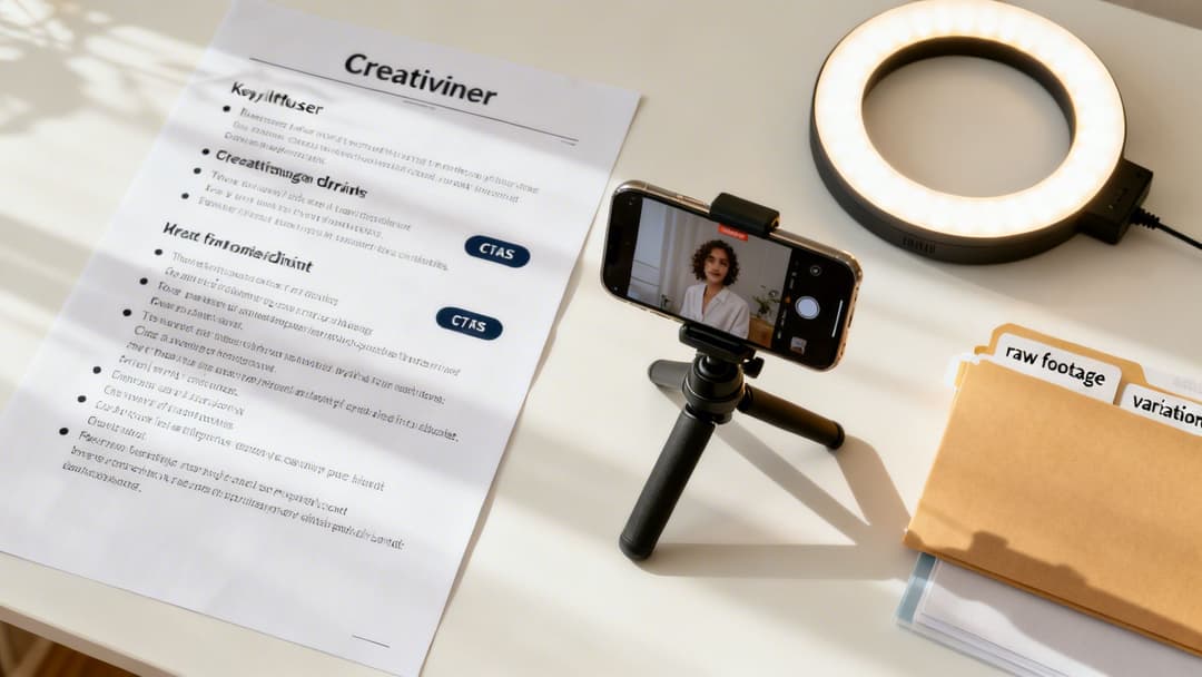 A creative workspace featuring a smartphone on a tripod, ring light, and labeled folders for video production.