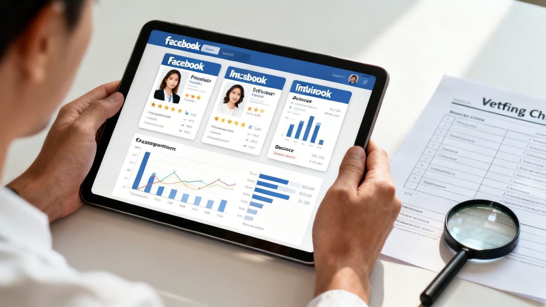 A person analyzing social media influencer profiles and performance data on a tablet, with a vetting chart nearby.