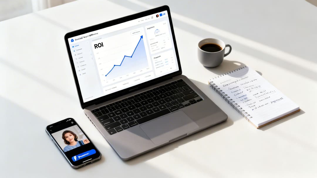 A bright workspace with a laptop showing a ROI graph, a phone, coffee, and a notebook.