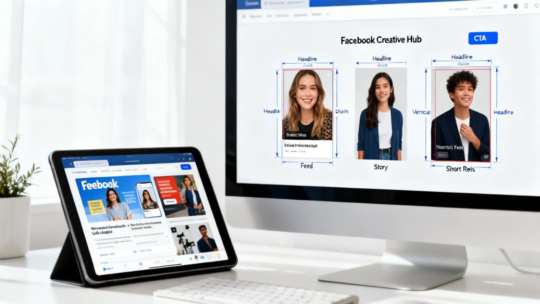 Computer monitor displaying Facebook Creative Hub ad mockups with a tablet showing a social media app.