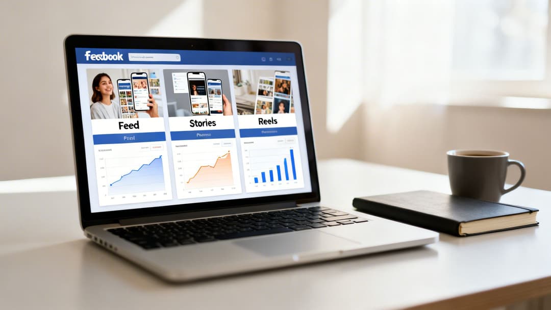 A laptop displays Facebook analytics for Feed, Stories, and Reels, with a coffee cup and notebook.