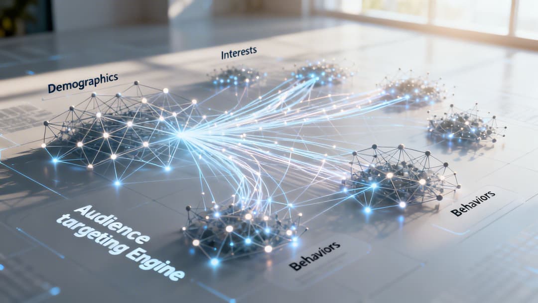 A 3D digital visualization representing an audience targeting engine with interconnected data nodes and glowing data pathways.