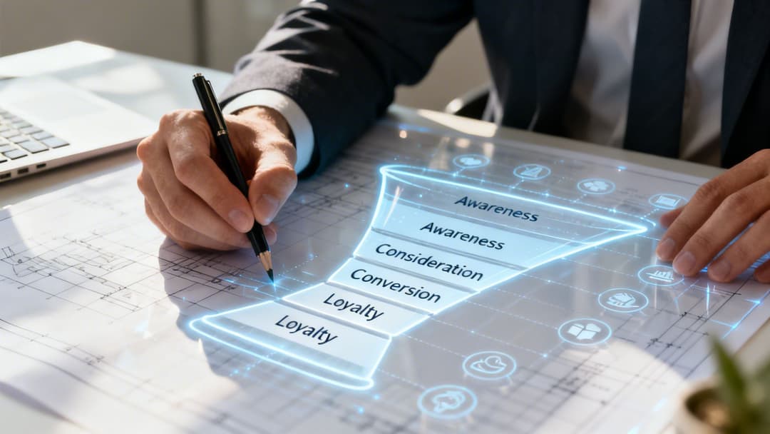 A professional analyzing a digital funnel diagram depicting stages from awareness to loyalty on a blueprint.