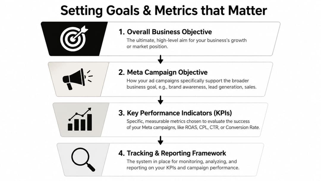 A four-step funnel diagram explaining the process of setting marketing goals and measuring ad campaign performance.