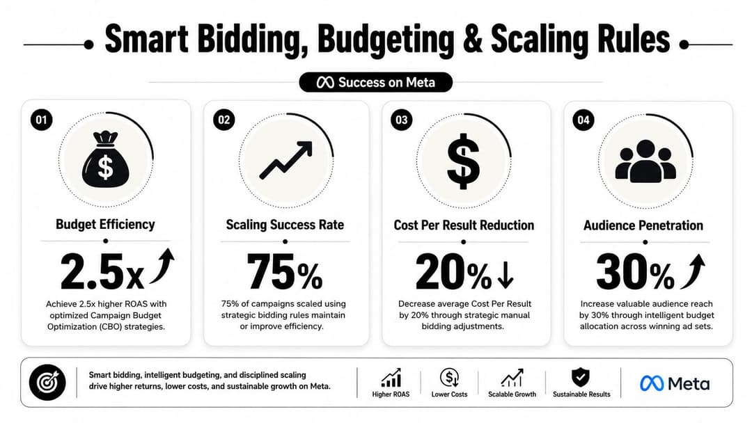 An infographic detailing smart bidding, budgeting, and scaling strategies to improve Meta advertising campaign performance.