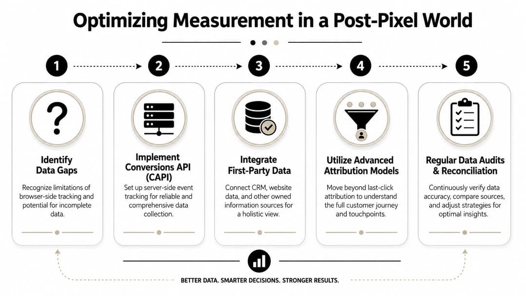 A five-step infographic showing strategies for optimizing marketing measurement in a post-pixel digital advertising landscape.