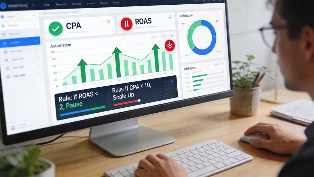 A person using a computer monitor displaying a digital marketing dashboard for automated social media ad management.