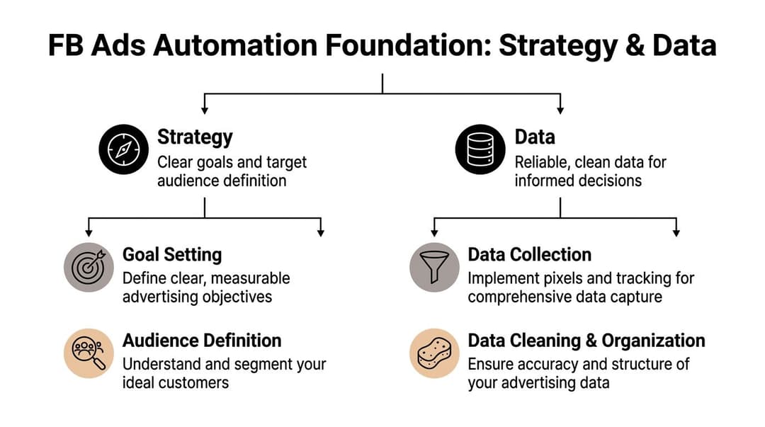 A diagram illustrating the foundation of Facebook ads automation, focusing on strategic planning and data management.