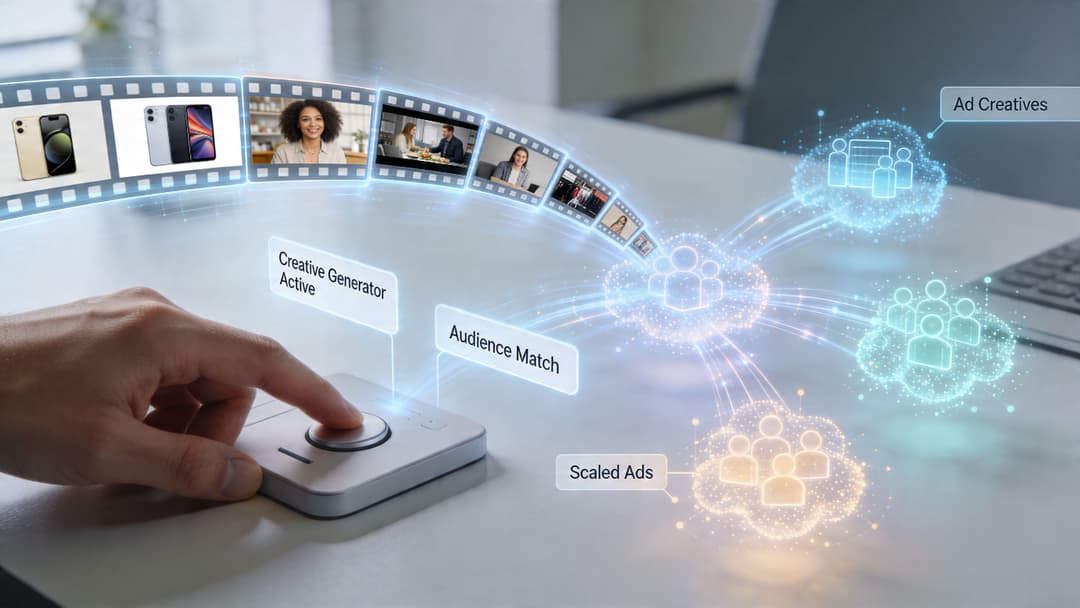 A hand interacts with a digital console displaying a film strip connected to virtual cloud networks representing advertising automation.