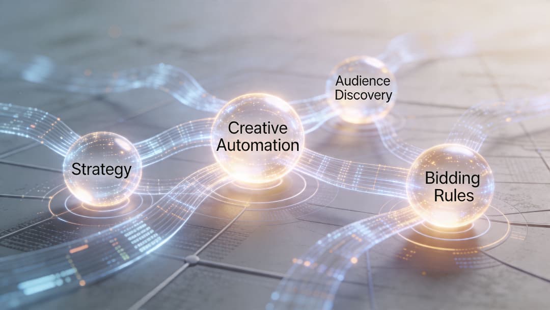 A conceptual digital illustration showing interconnected glowing spheres representing strategy, creative automation, audience discovery, and bidding rules.