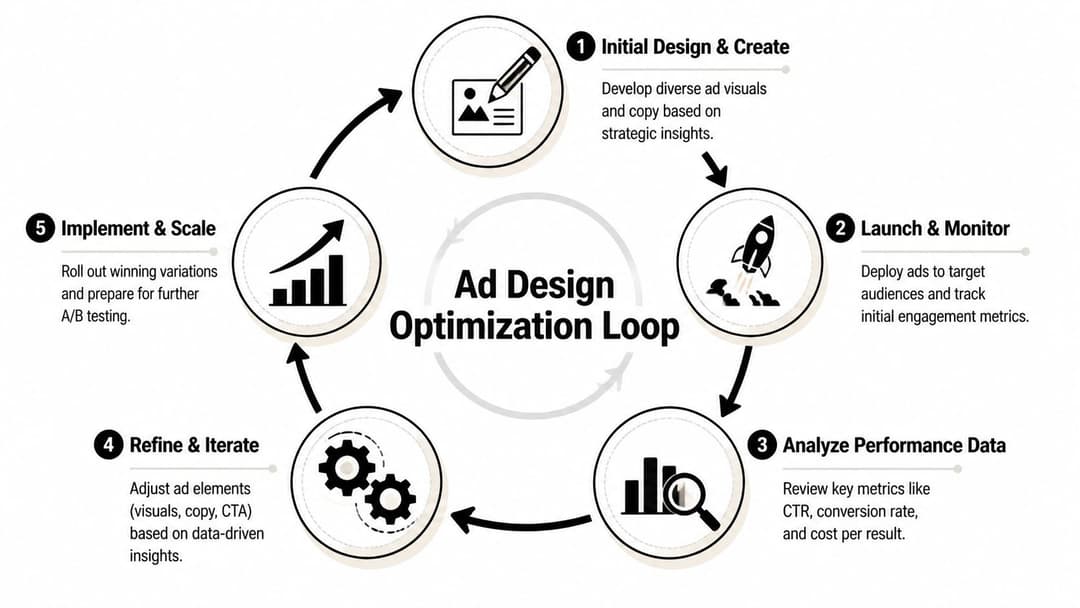 A five-step circular infographic illustrating the ad design optimization loop process for digital marketing campaigns.
