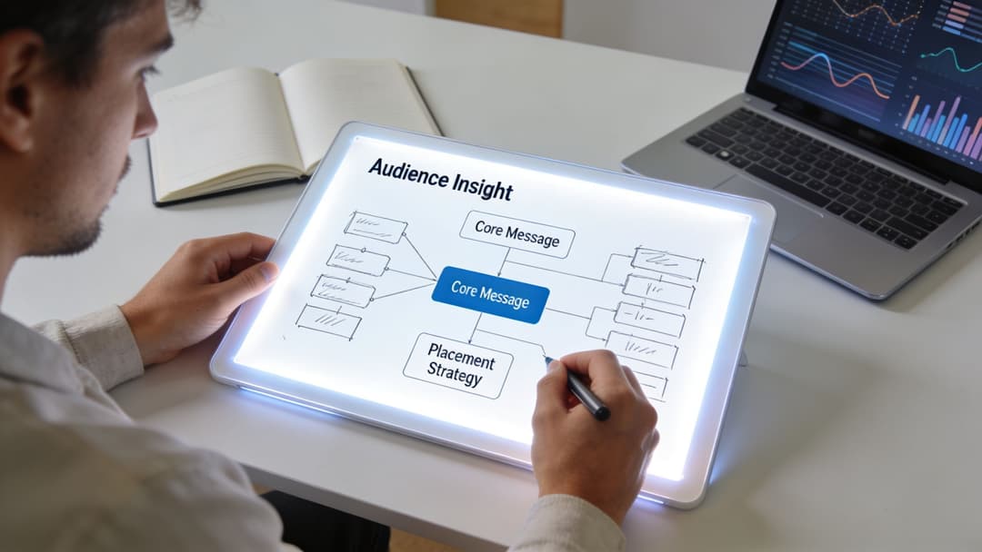 A professional designer creating an audience insight marketing strategy diagram on a digital tablet at his desk.