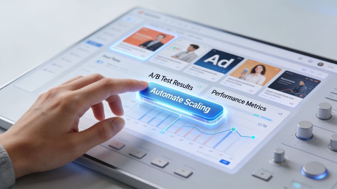 A user's finger touches a glowing button labeled Automate Scaling on a digital advertising performance dashboard.